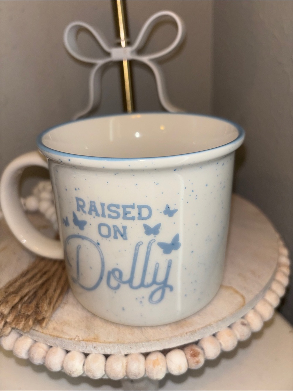 Dolly Parton Raised on Dolly Ceramic Mug Butterfly Print Blue White Speckle New
